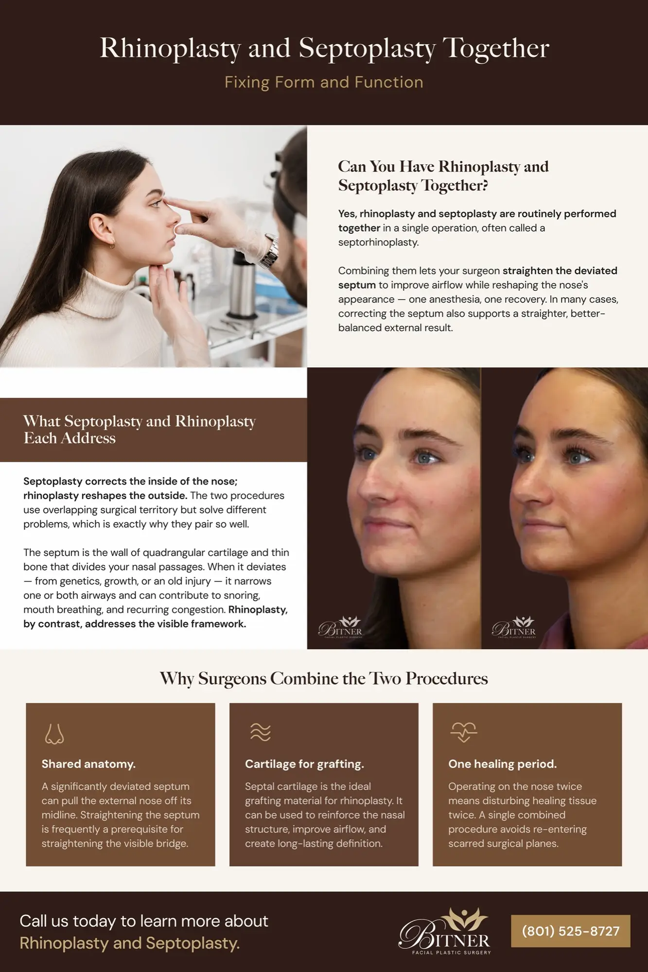 Infographic on combining rhinoplasty and septoplasty in one procedure to improve both nasal appearance and breathing